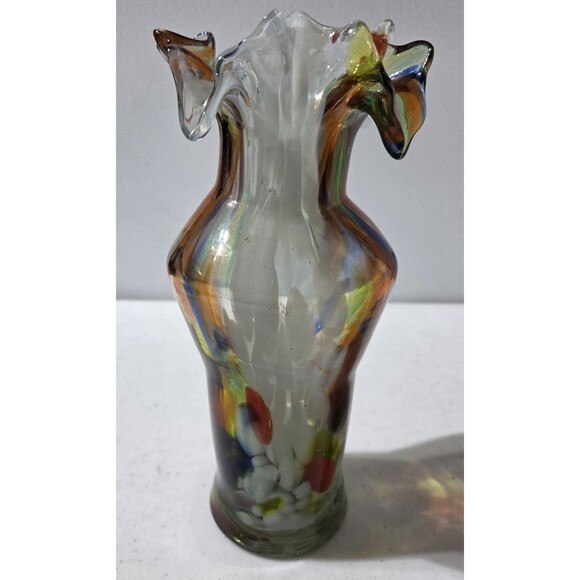 VTG Rainbow Hand Blown Art Glass Ruffled Top Ribbon Trim  Multi colored colorful rainbow art glass vase Ruffle Top 9\